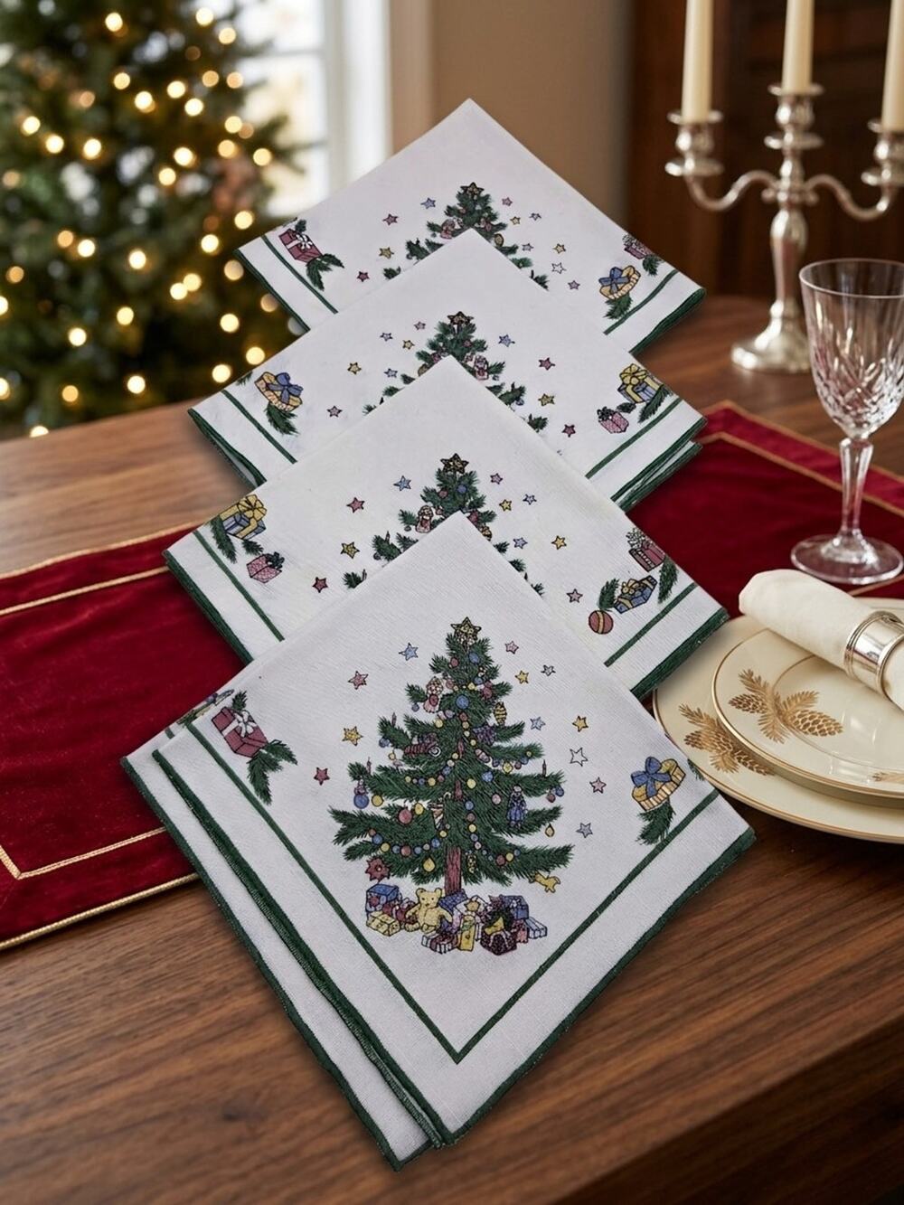 Set 4pc Nikko Happy Holidays Fallani and Cohn Christmas Napkins vtg RARE
